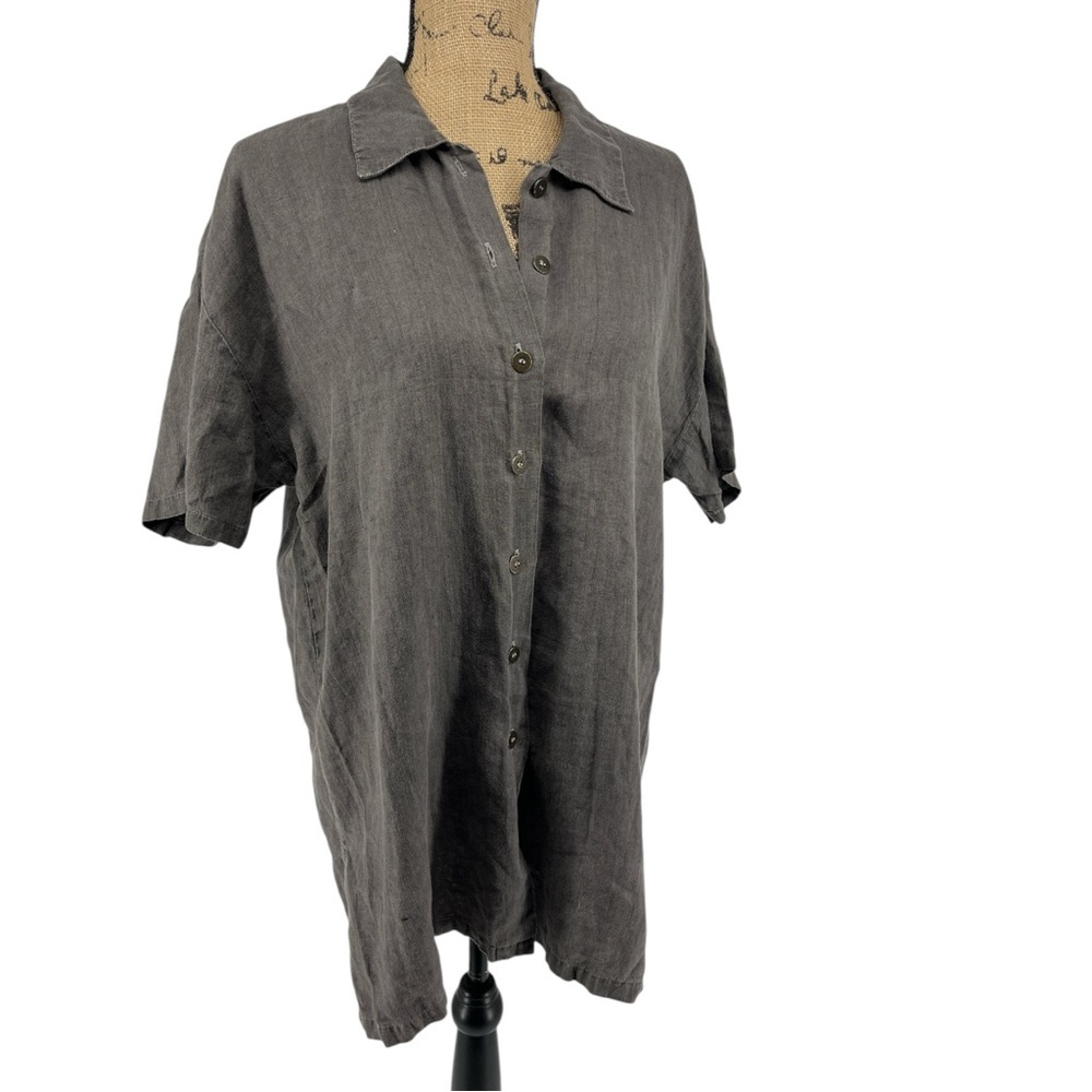 Vintage City Lights Short Sleeve Linen Button Up Oversized Dark Gray Blouse Top